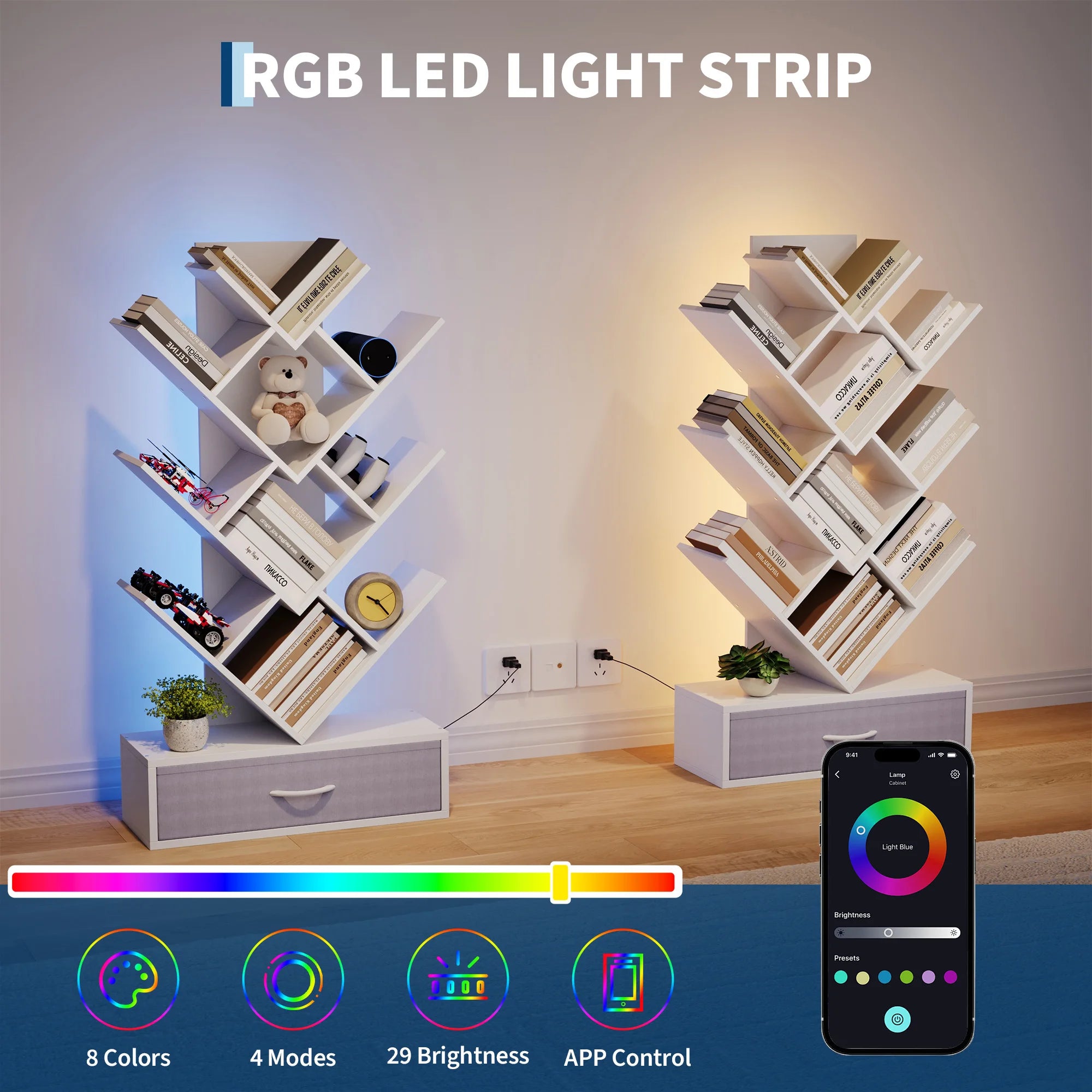 7-Tier Tree Bookshelf with LED Lights & Fabric Drawer