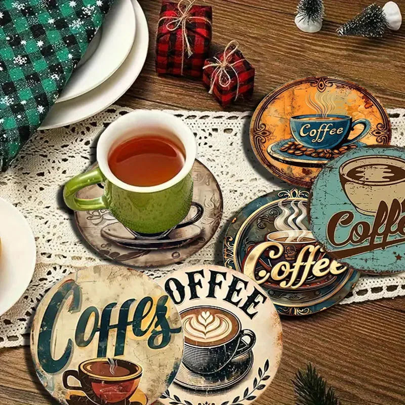The 6-piece set of coffee cup theme pattern wooden round coasters