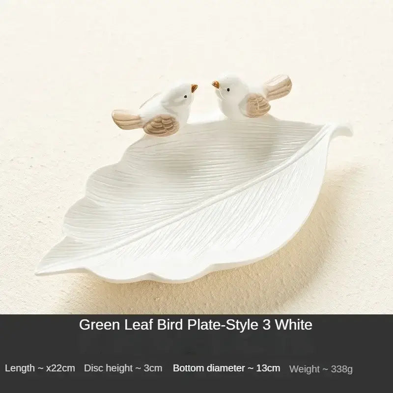 White ceramic leaf jewelry tray with bird figurines, Style 3 White, designed for elegant and functional jewelry storage.