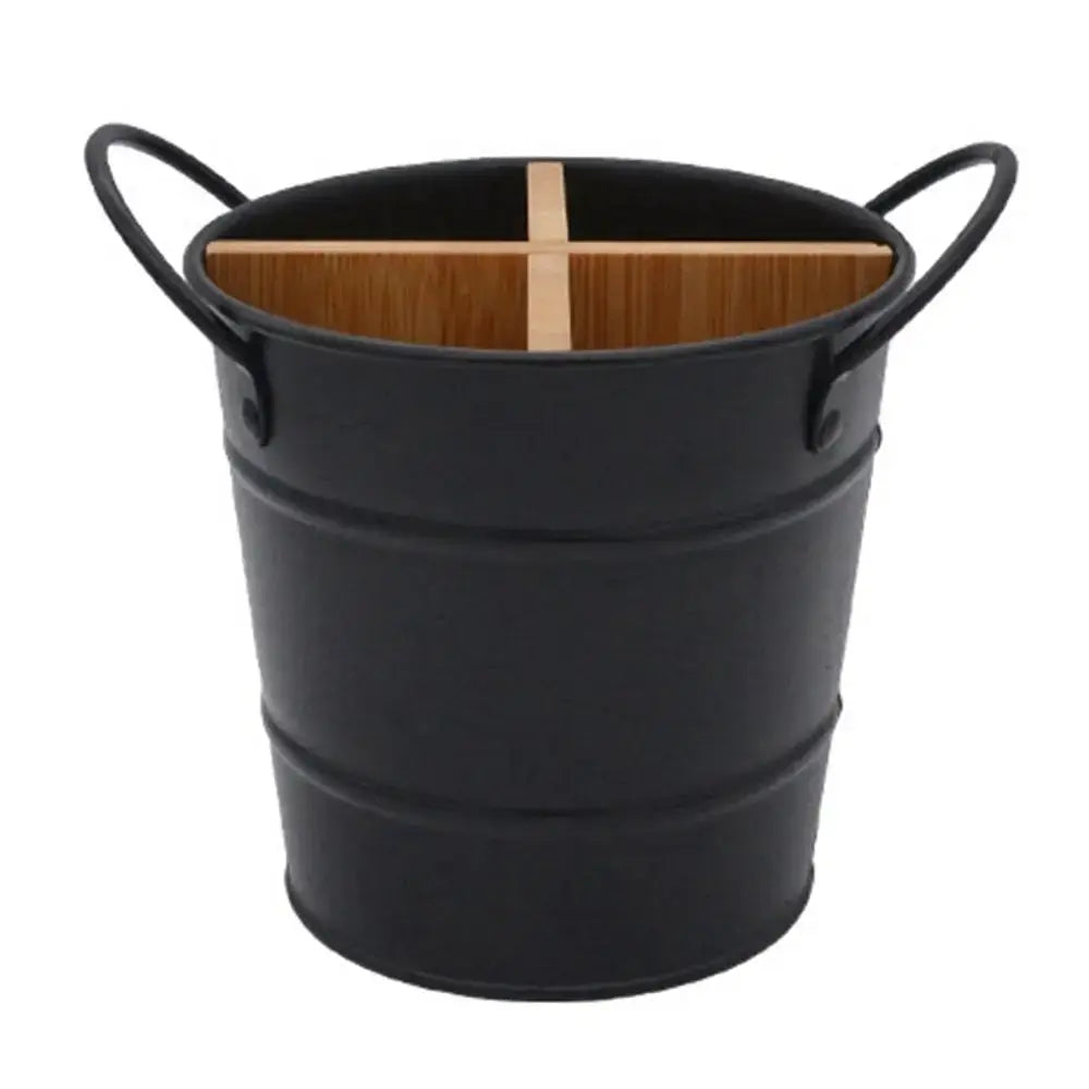 Black Bamboo Cutlery Organizer - Divider & Metal Holder with eco-friendly bamboo insert, ideal for modern kitchen utensil organization.