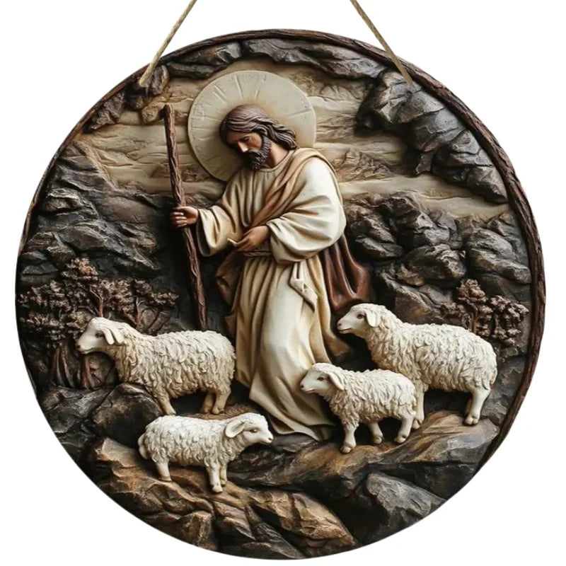 2D Retro Jesus Sign - Wooden Welcome showing Jesus seated with sheep in a rustic landscape, ideal for holiday wall decorations.