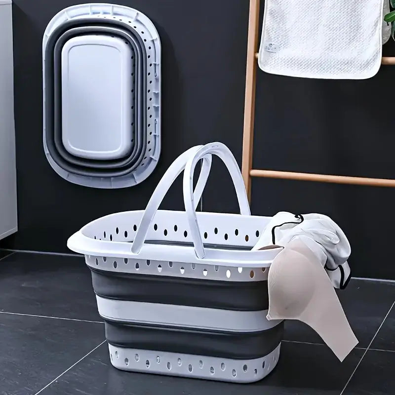 Foldable laundry basket in use and stored flat on wall, showcasing its portability and compact design for home laundry rooms.