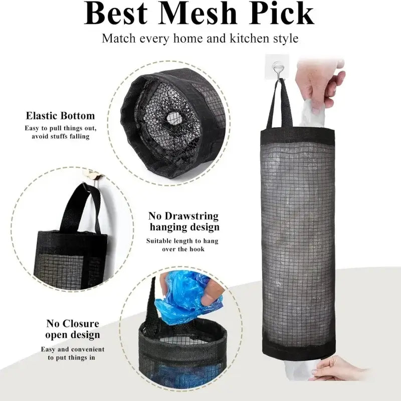 Detailed features of kitchen plastic bag holder including elastic bottom, open top, and hanging loop. Designed for efficient kitchen organization.