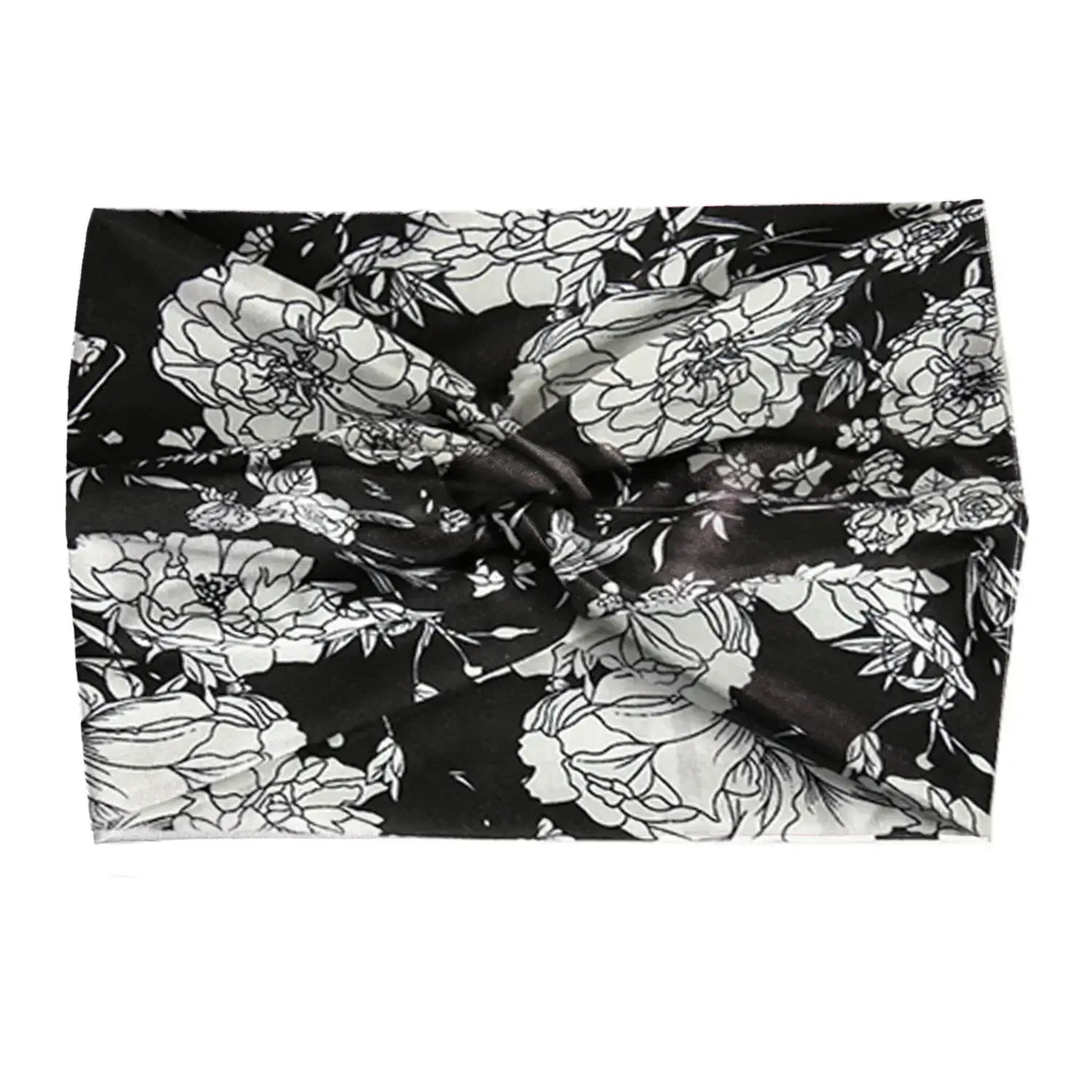 Black and white floral 18CM stretch printed headband for women. Lightweight and breathable for sports or daily styling.