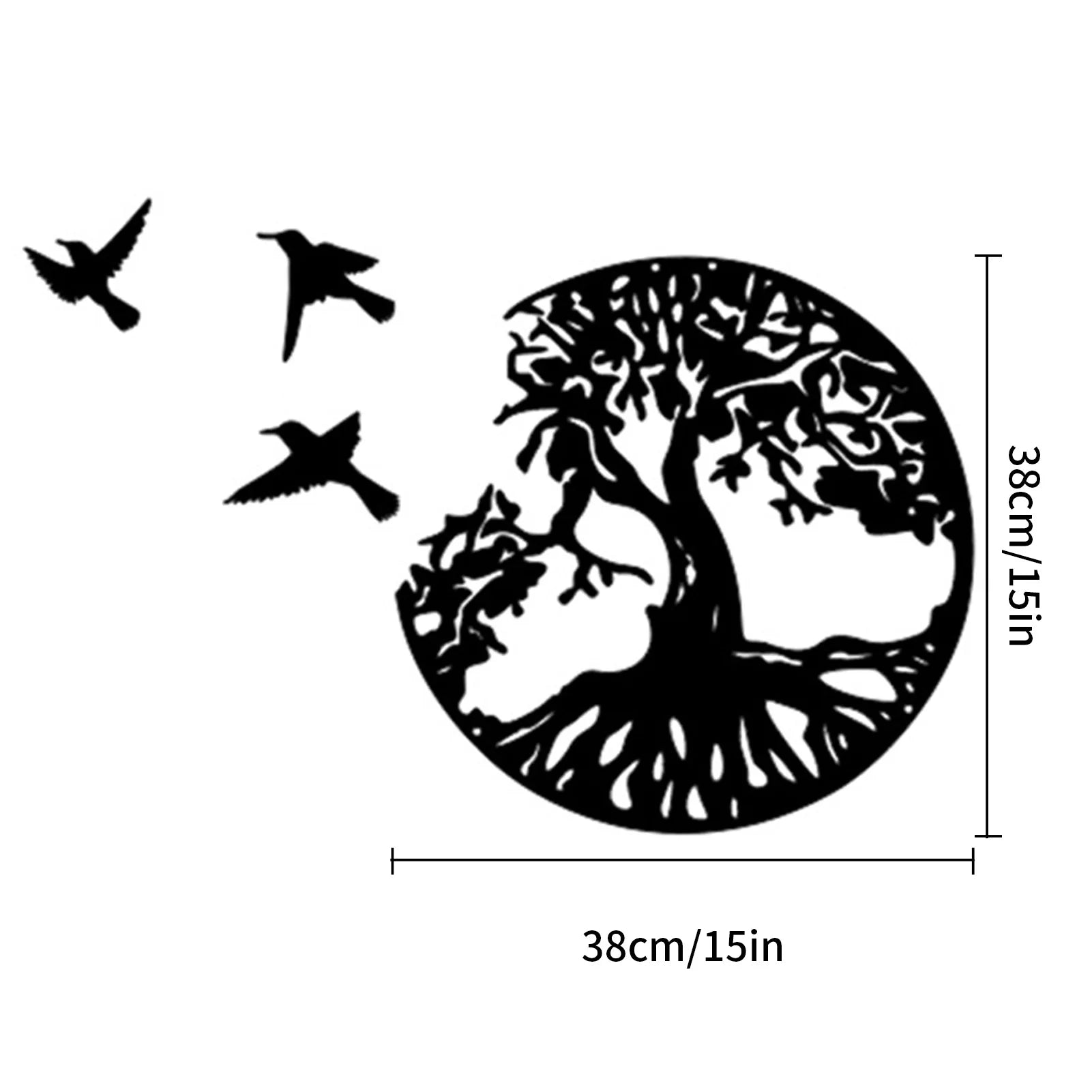 Round Tree of Life Metal Wall Art with flying birds, 38cm diameter, black silhouette design for home and garden decor.