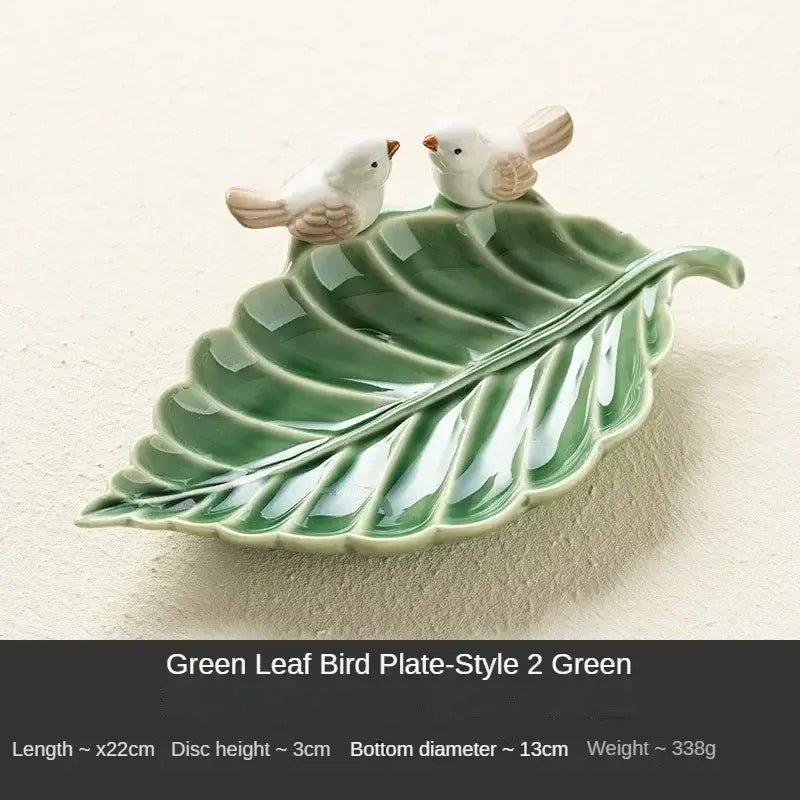 Green ceramic leaf jewelry tray with bird figurines, Style 2 Green, designed for elegant and practical jewelry organization.