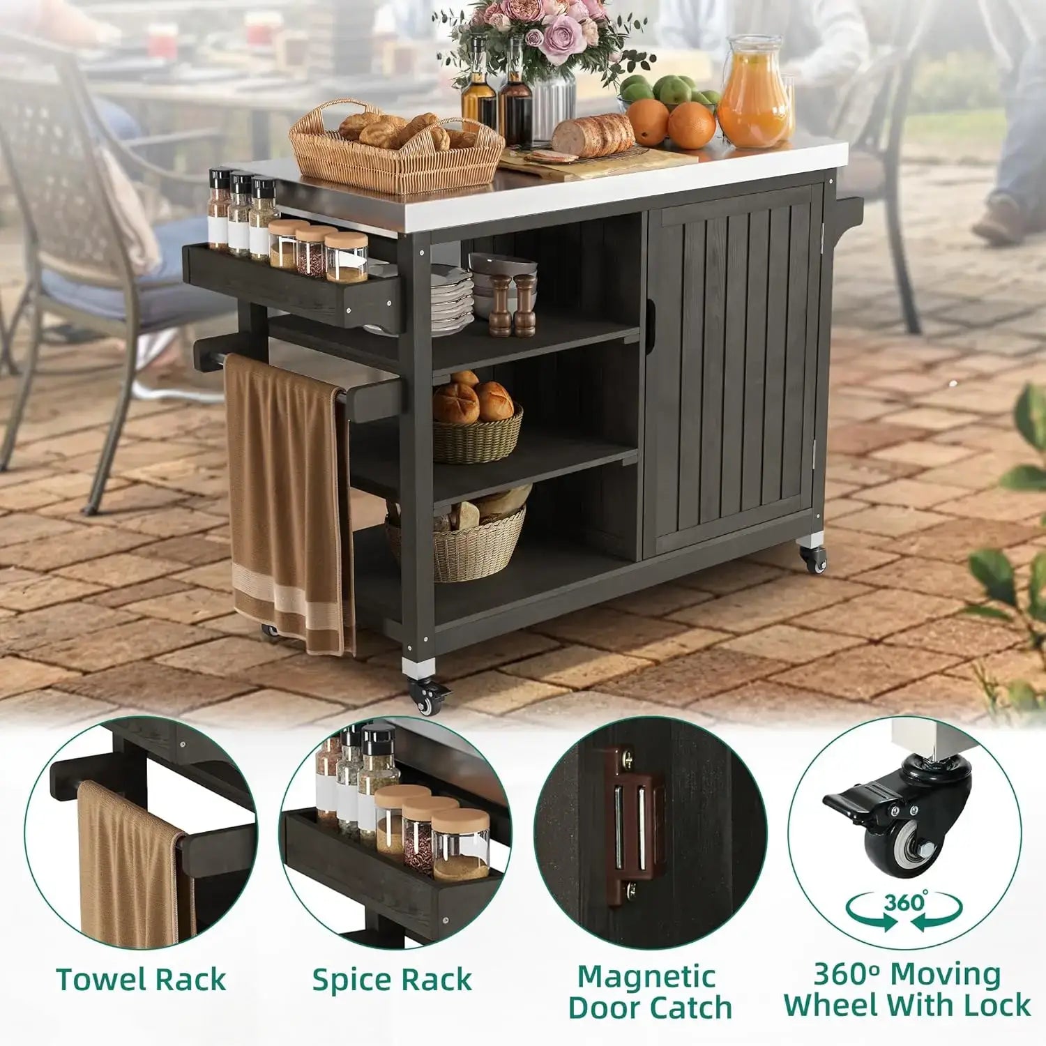 XL Outdoor Grill Cart features towel rack, spice rack, magnetic door catch, and 360° lockable wheels for versatile outdoor cooking.