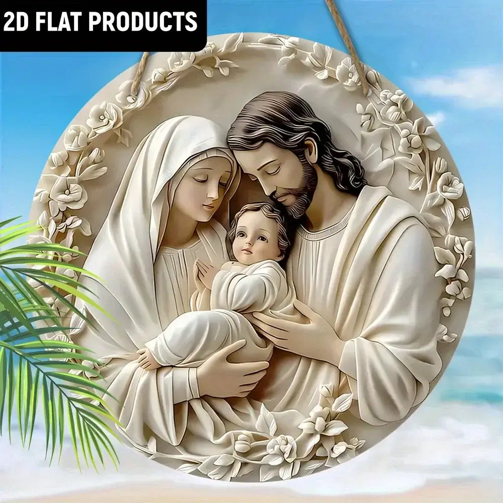 2D flat Classic Wooden Nativity Scene Decor with Holy Family in natural tones, ideal for seasonal wall hanging in Christmas-themed interiors.