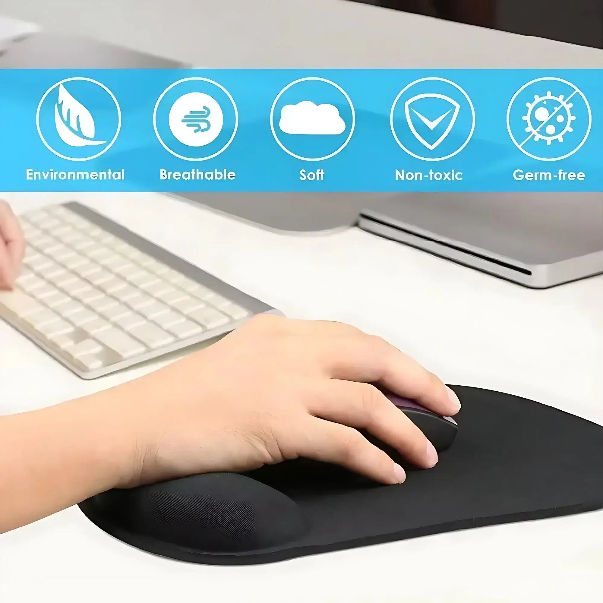 Black Ergonomic Wrist Rest Mouse Pad in use with keyboard, featuring breathable, non-toxic, and soft material for long-term comfort.