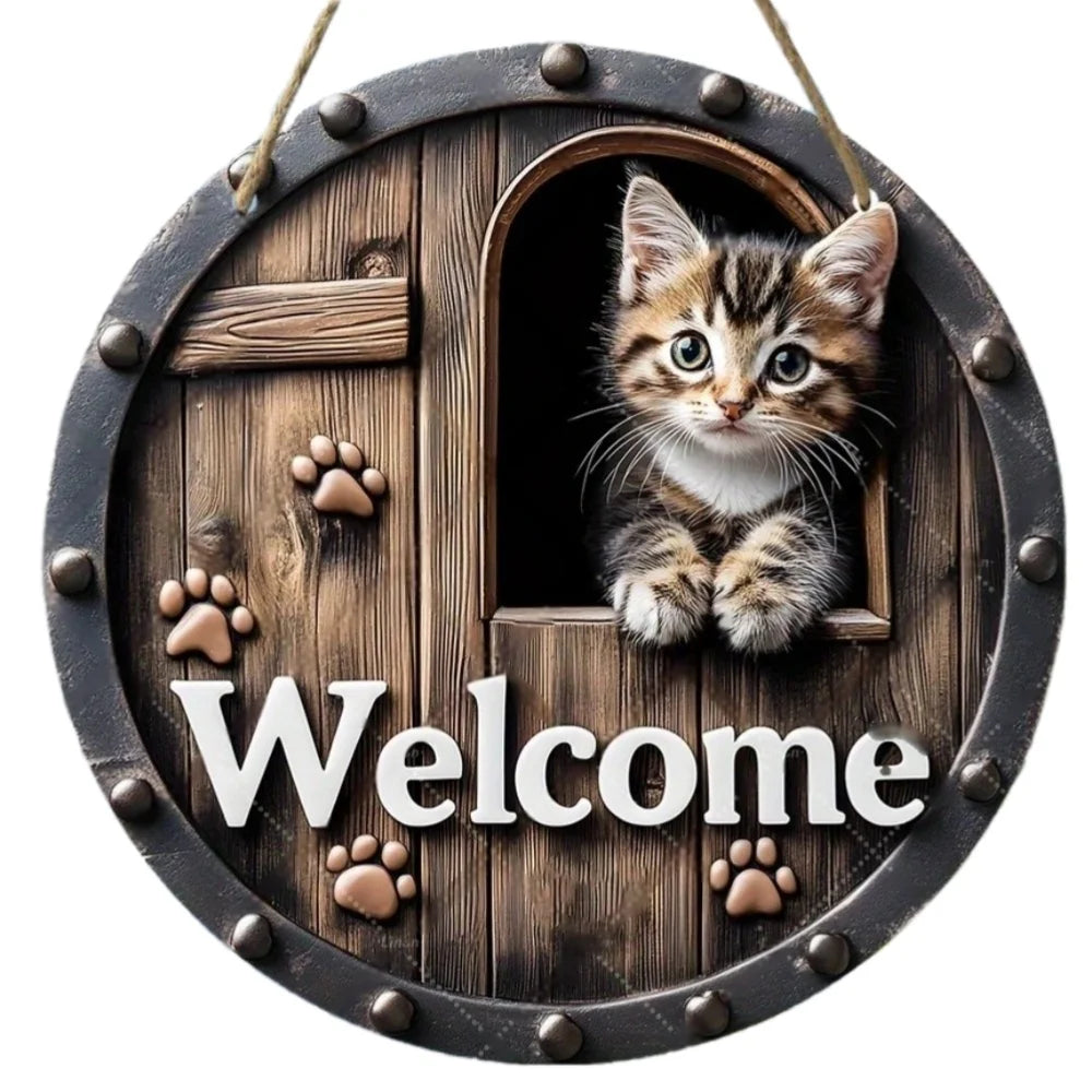 Wood Cat Hanging Decorations 2D Retro Circular