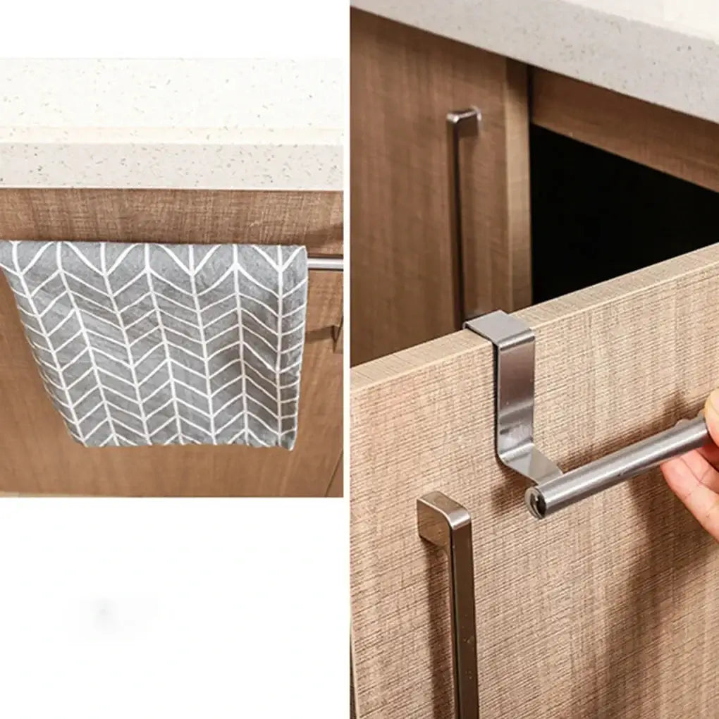 Stainless Steel Towel Bar - Durable & Rust-Resistant, being installed and used on a cabinet door, ideal for compact kitchen or bathroom spaces.