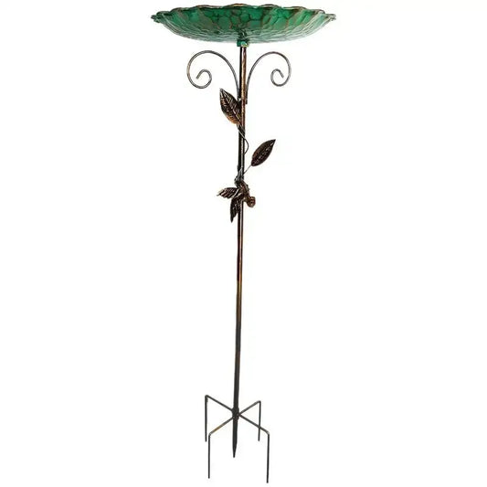 Metal Bird Bath Feeder with leaf pattern and adjustable height, featuring a green textured bowl and bronze stand for garden decor.