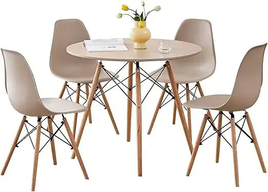 Beige 5-piece round dining table set with matching chairs and wood legs, offering a warm, space-saving dining solution.