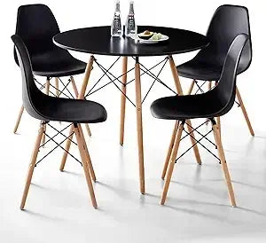 Black version of 5-piece round dining table set with matching chairs and wooden legs, offering a sleek, space-saving dining solution.