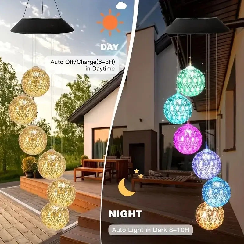 Day and night comparison of Morocco Ball Solar Wind Chime Light showing auto charging in sunlight and glowing LED lights at night.