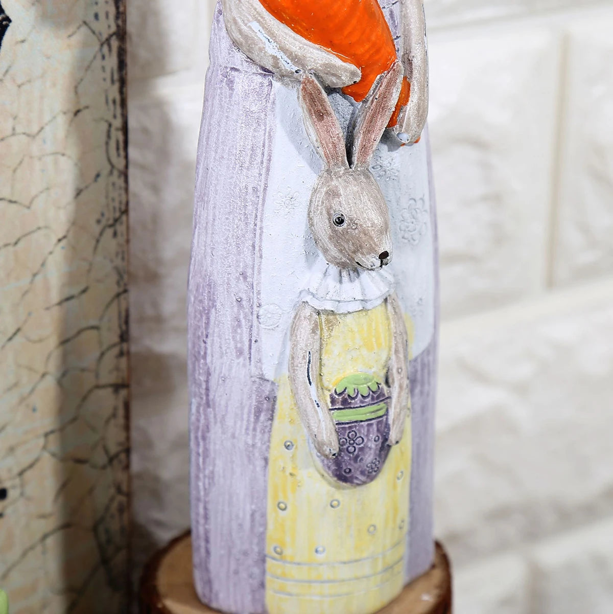 Wood Grain Resin Bunny Couple Statue - Handmade