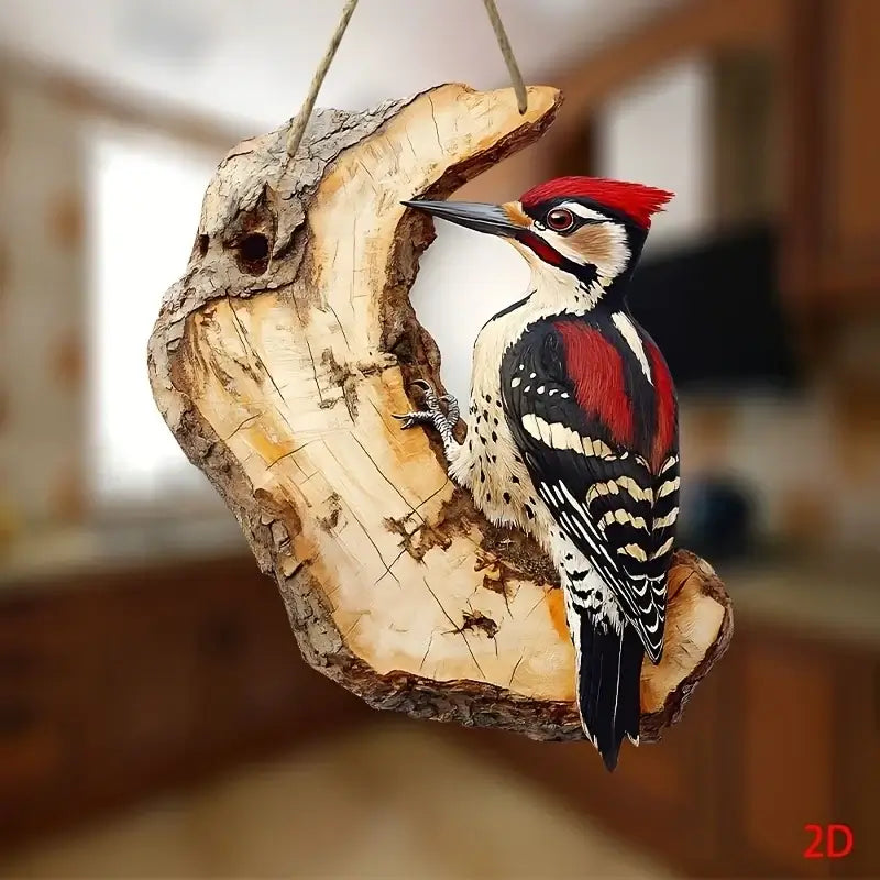 Vintage Wooden Bird Signage - Decor 8in featuring a red-headed woodpecker on a natural wood slab. Perfect for rustic or cabin-style decor.