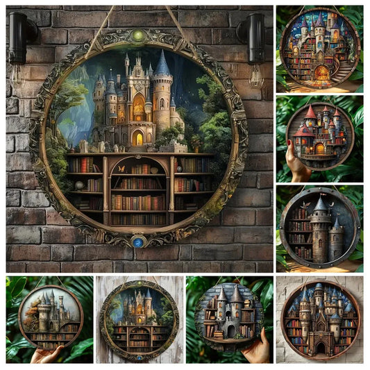 Christmas wooden welcome sign with 2D circular castle bookshelf design, ideal for festive home decor in living rooms or entryways.