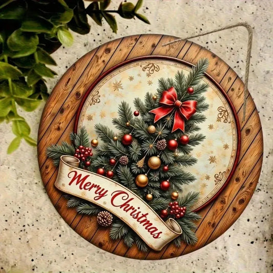 Vintage Christmas Tree Sign - Wooden Hanging Art featuring a festive tree with red and gold ornaments on rustic wood background. Ideal for holiday decor.