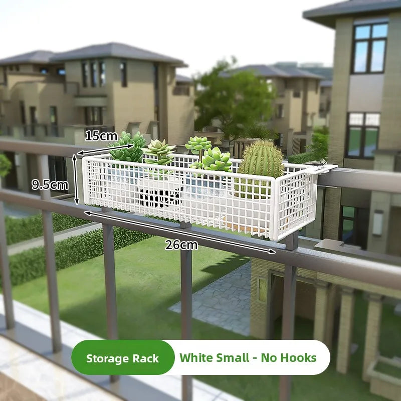 White small Balcony Plant Stand Windowsill without hooks, 26cm wide. Sleek and modern design for minimalist outdoor decor.