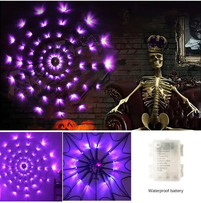 Halloween Ghost LED Light String with waterproof battery box, glowing purple in spider web shape for indoor or outdoor use.