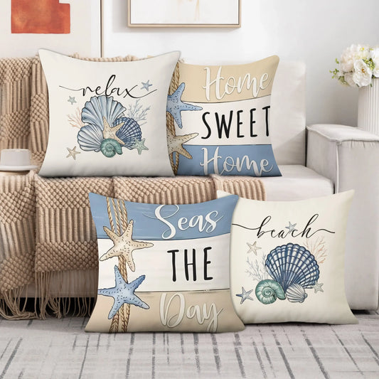 Ocean Home Decor Pillowcase set with nautical shell and starfish designs on a sofa. Soft fabric cushion covers for coastal-themed living rooms.