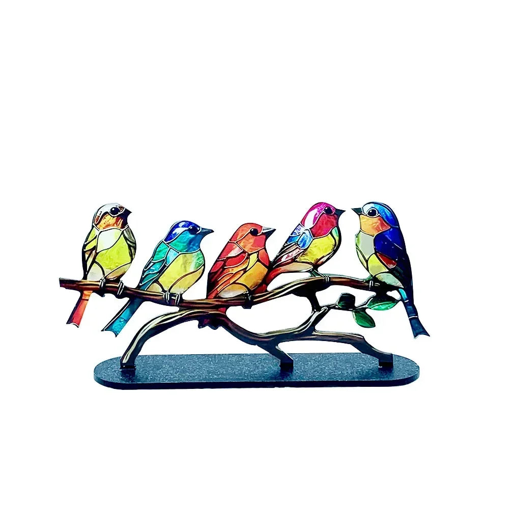 Multicolor Birds-Stained Acrylic Birds on Branch Desktop Ornaments Double Sided Multicolor -