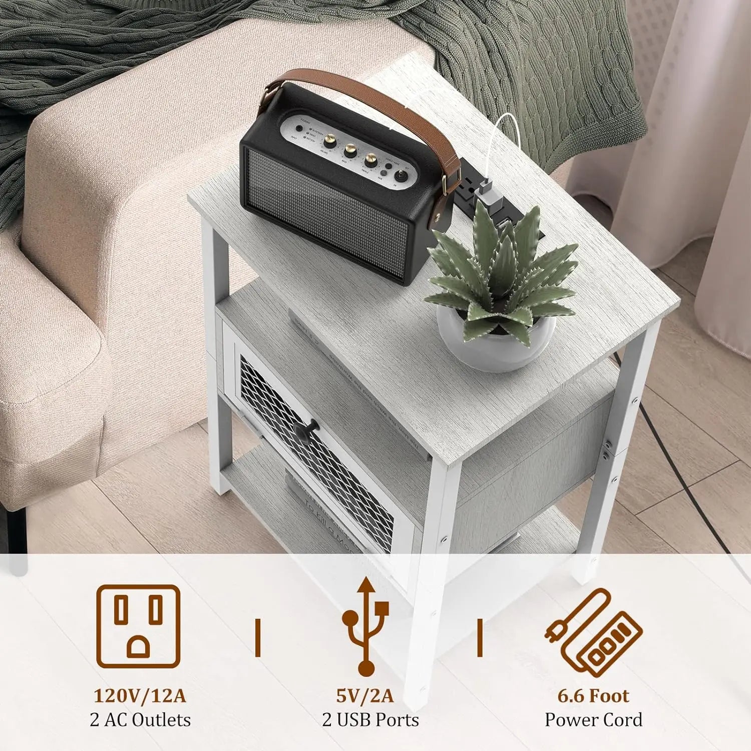 Set of 2 Nightstand Charging Station End Side Table