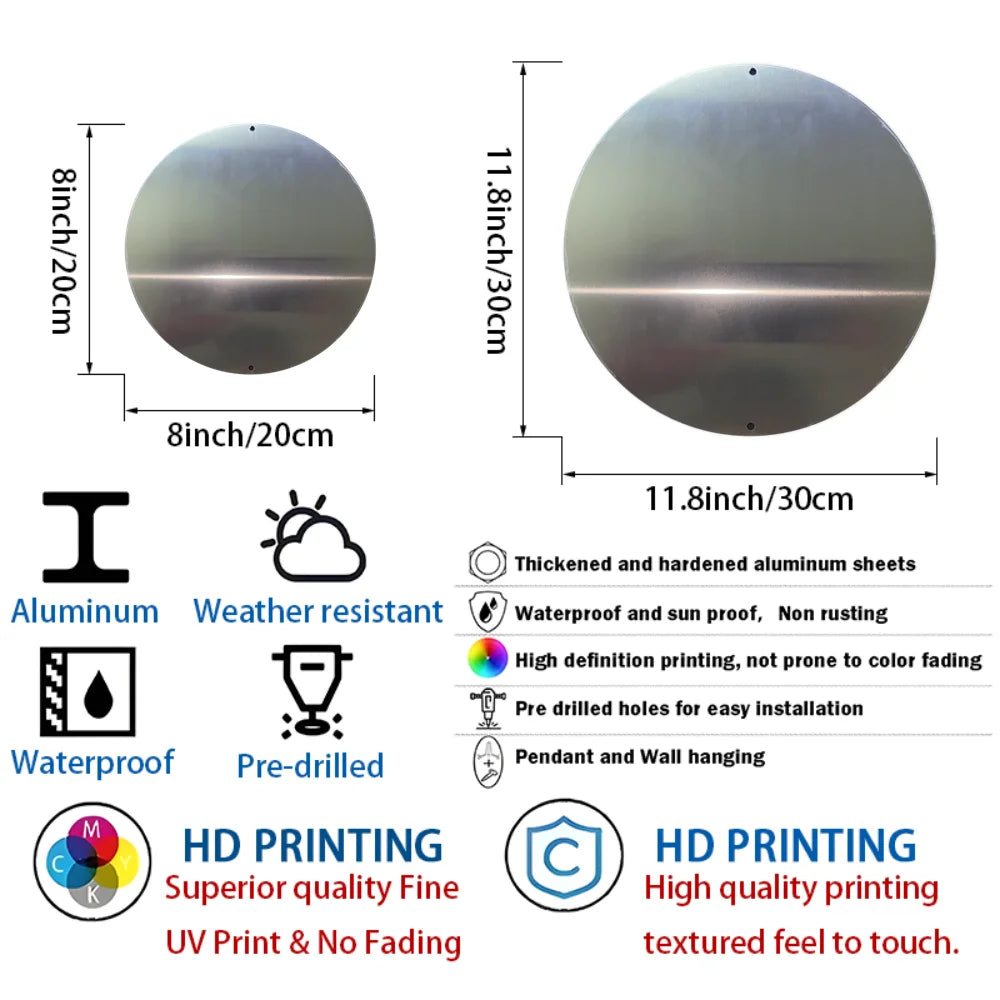 Size comparison of 8-inch and 11.8-inch round metal deer signs. Features waterproof, UV-resistant aluminum with HD printing.