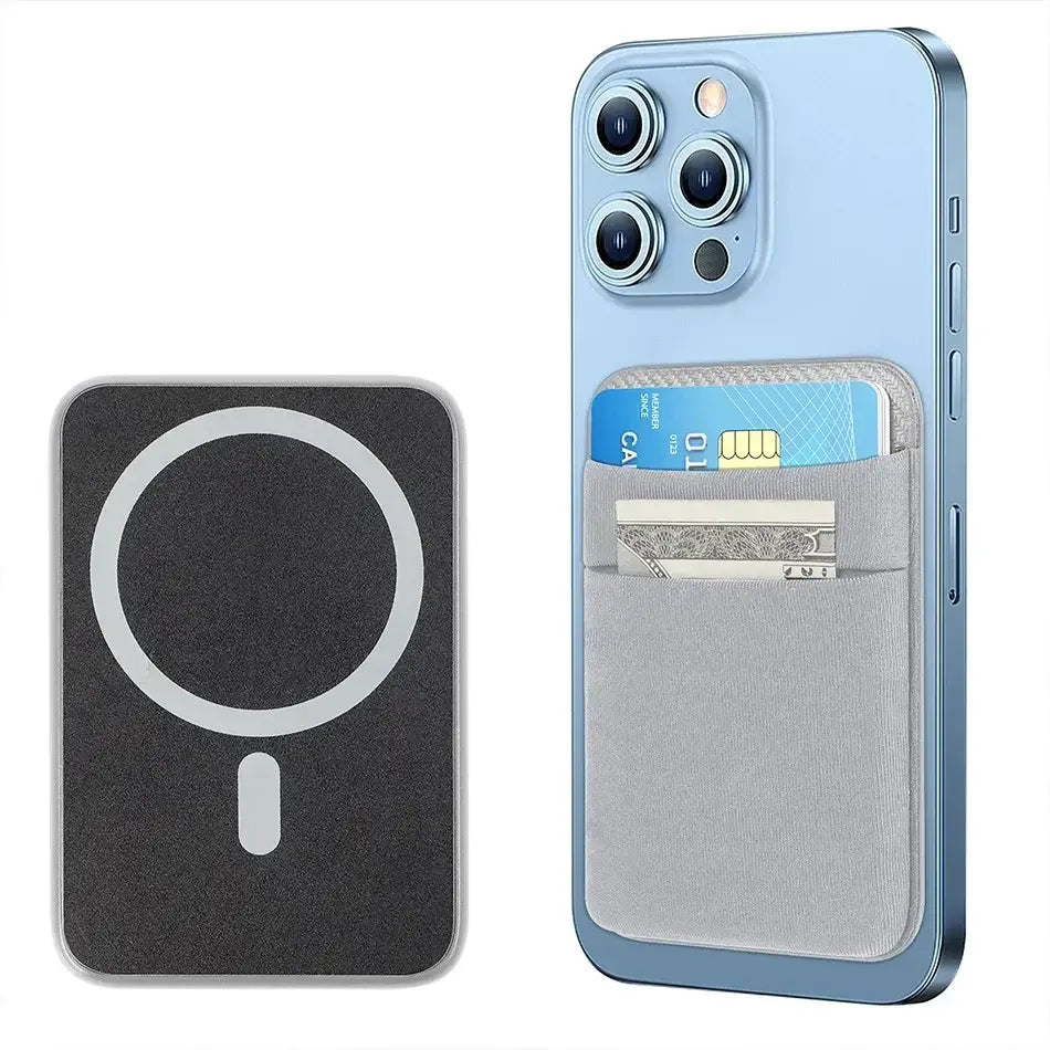 Magnetic Wallets - Cardholder | Slim, Secure, Compatible with iPhone. Gray elastic wallet holds cards and cash, magnetically attaches to phone.
