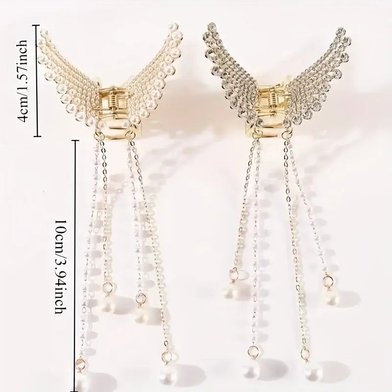 Close-up of Women Butterfly Tassel Hair Clips with size dimensions. Features pearl and crystal tassels on gold claw clips for elegant styling.