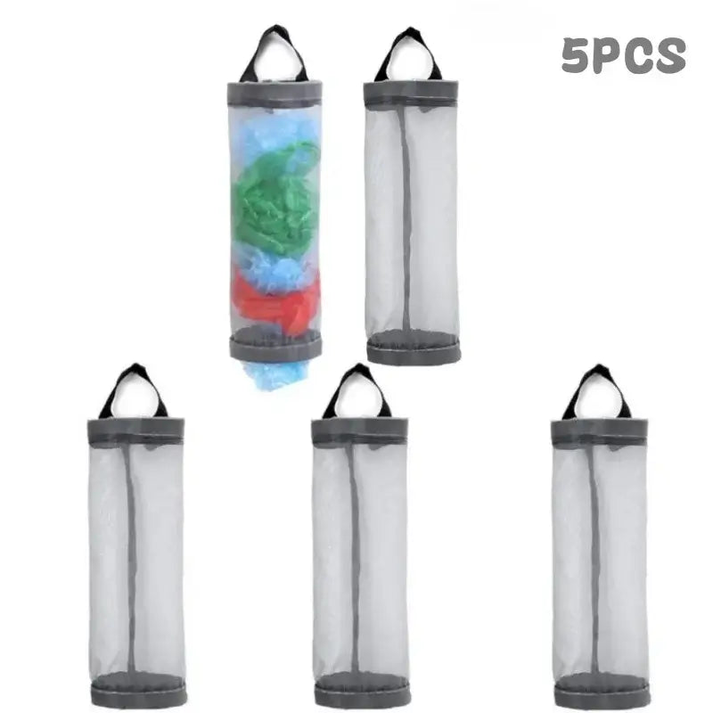 5PCS grey mesh kitchen plastic bag holders with hanging loops. Ideal for compact and organized plastic bag storage in any room.