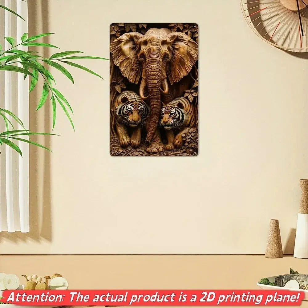 Vintage Elephant & Tigers Metal Sign - 8x12 inch