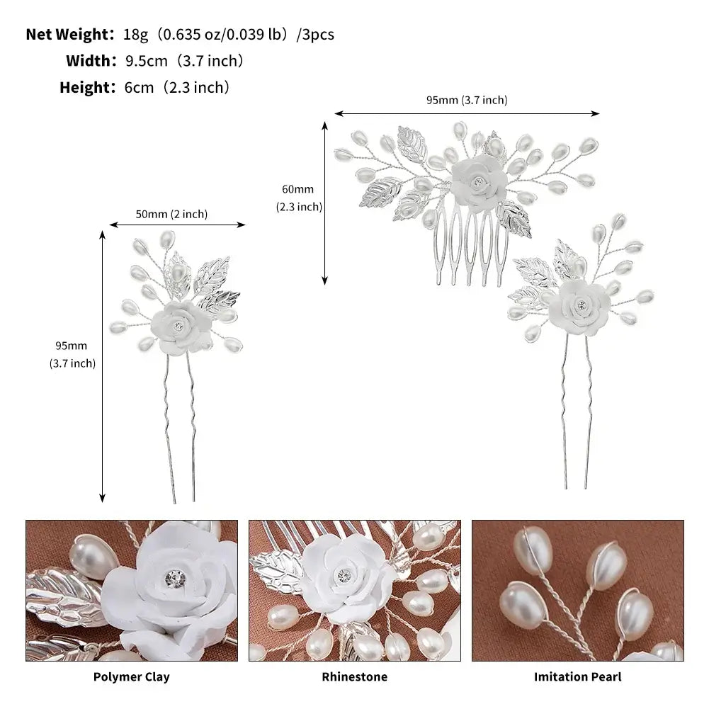 Size chart and material breakdown of 3PK Handmade Flower Hair Pin Set, featuring polymer clay, rhinestones, and imitation pearls.