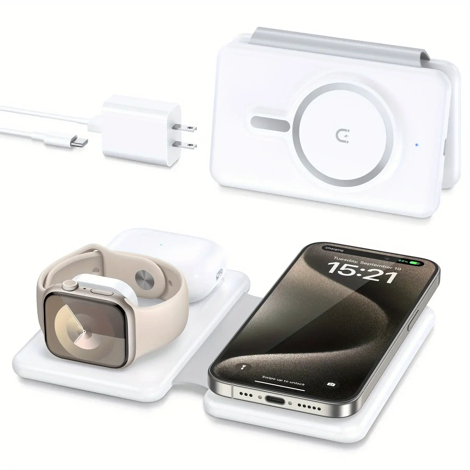 White 3-in-1 Apple MagSafe Wireless Charger powers iPhone, Apple Watch, and AirPods with a clean, minimalist compact design.