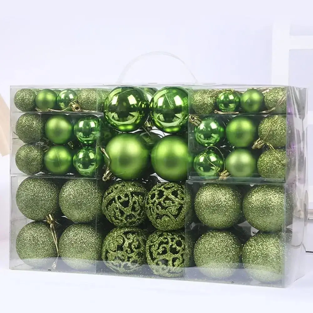 Green 100PCS Plastic Christmas Ball Set with glitter and matte finishes, perfect for nature-inspired holiday ornament themes.