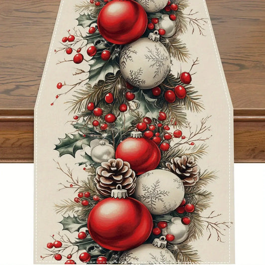 Linen Table Runner - Christmas Magic with pinecones, red berries, and ornaments on beige fabric, ideal for festive table decor.