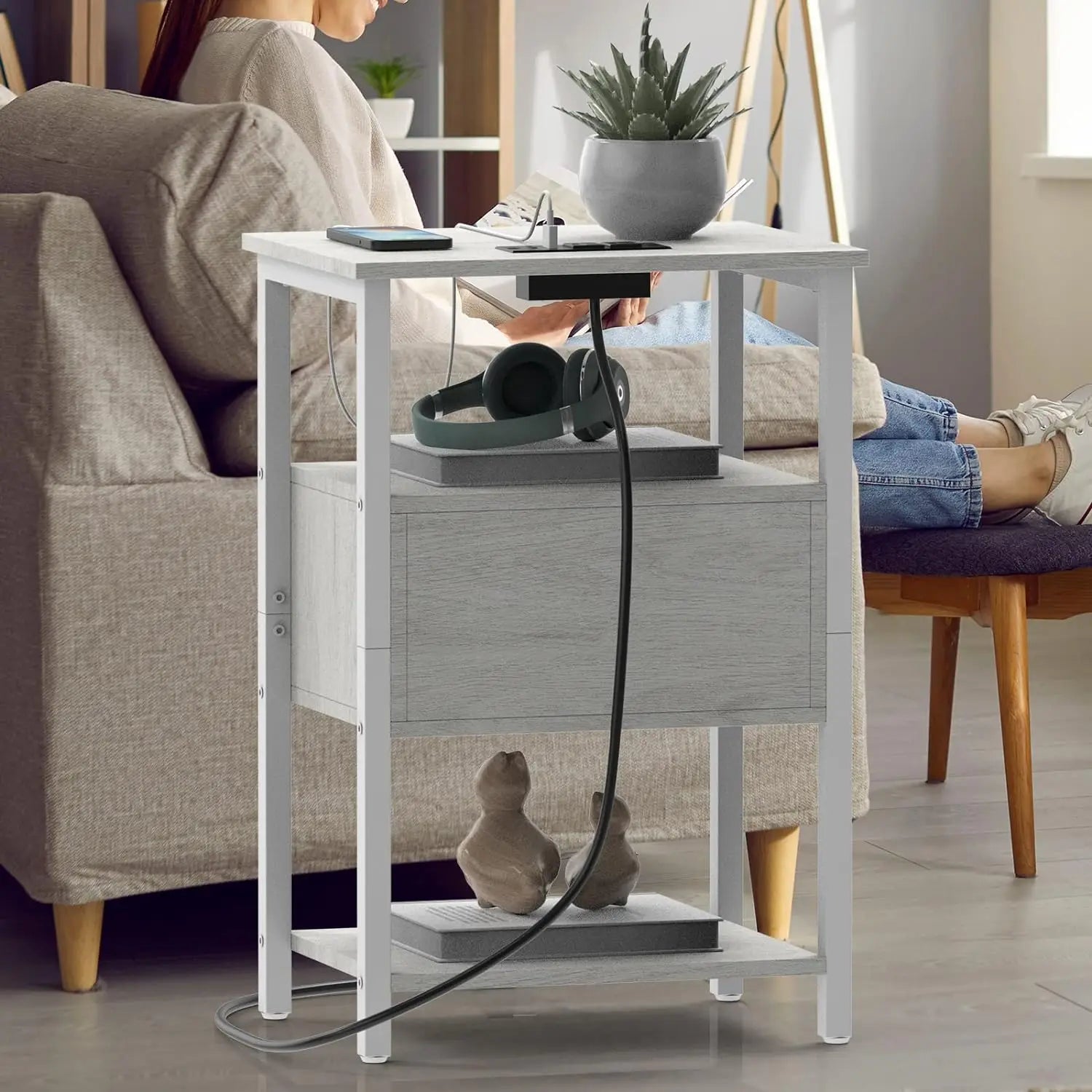 Set of 2 Nightstand Charging Station End Side Table