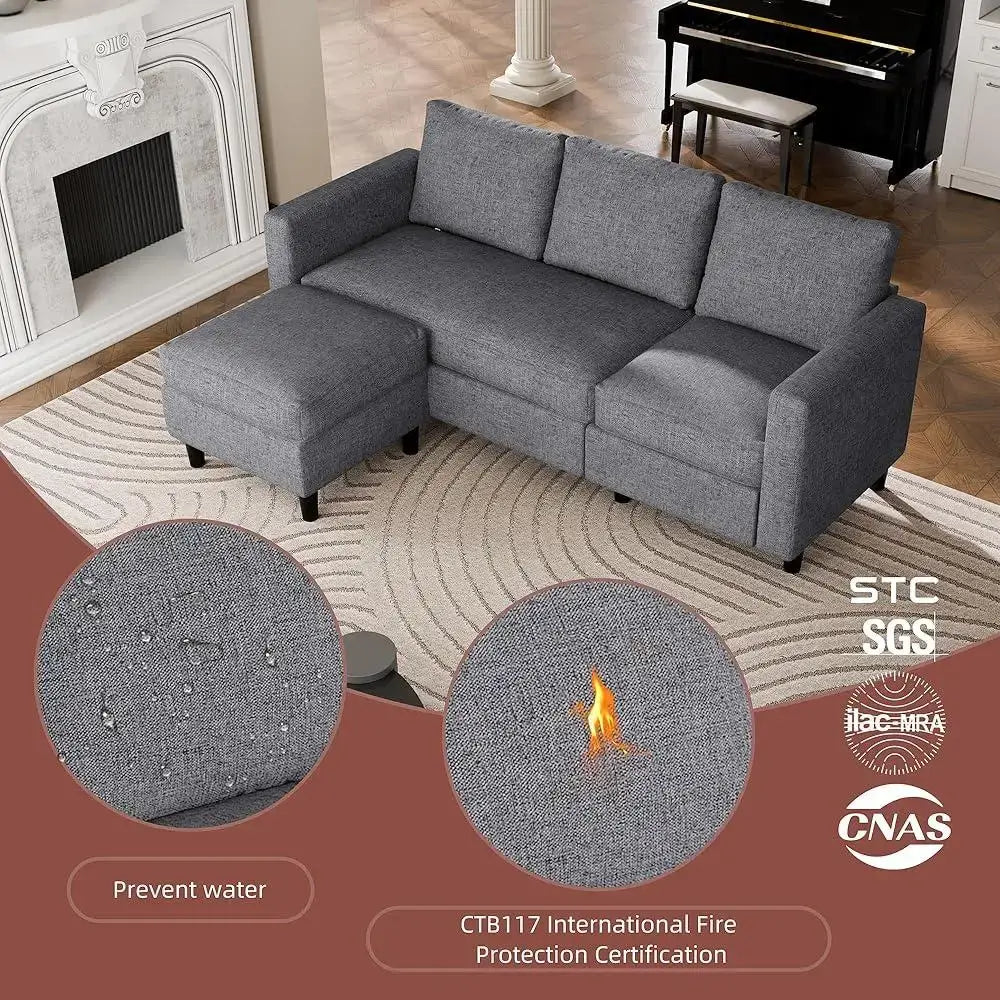 Water-resistant and fire-certified Sectional Sofa Couch with Ottoman - durable gray fabric with CTB117 fire protection certification.
