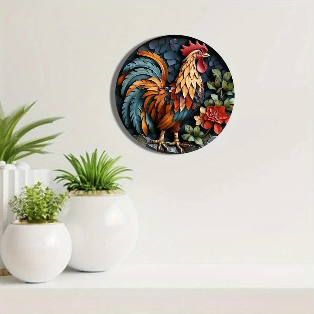 Round Aluminum Flat Sign, Vibrant Rooster Decoration