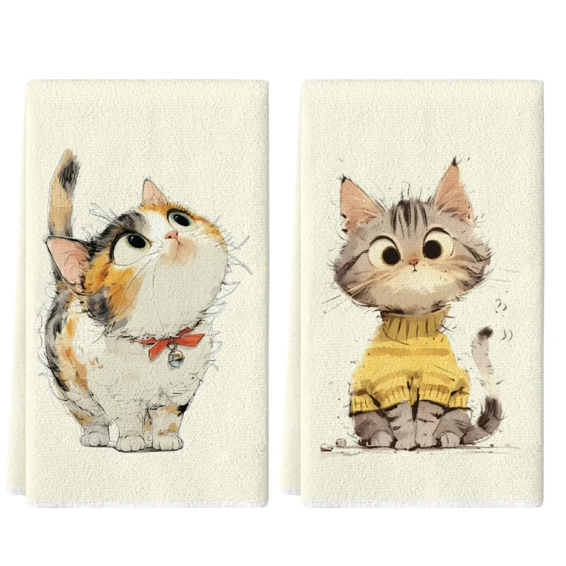 2Pcs, Bell Cat + Sweater Cat Kitchen Towel Set