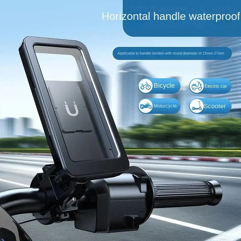 Horizontal handlebar waterproof phone holder for bicycles, scooters, and motorcycles, fits 15mm–27mm diameter bars securely.
