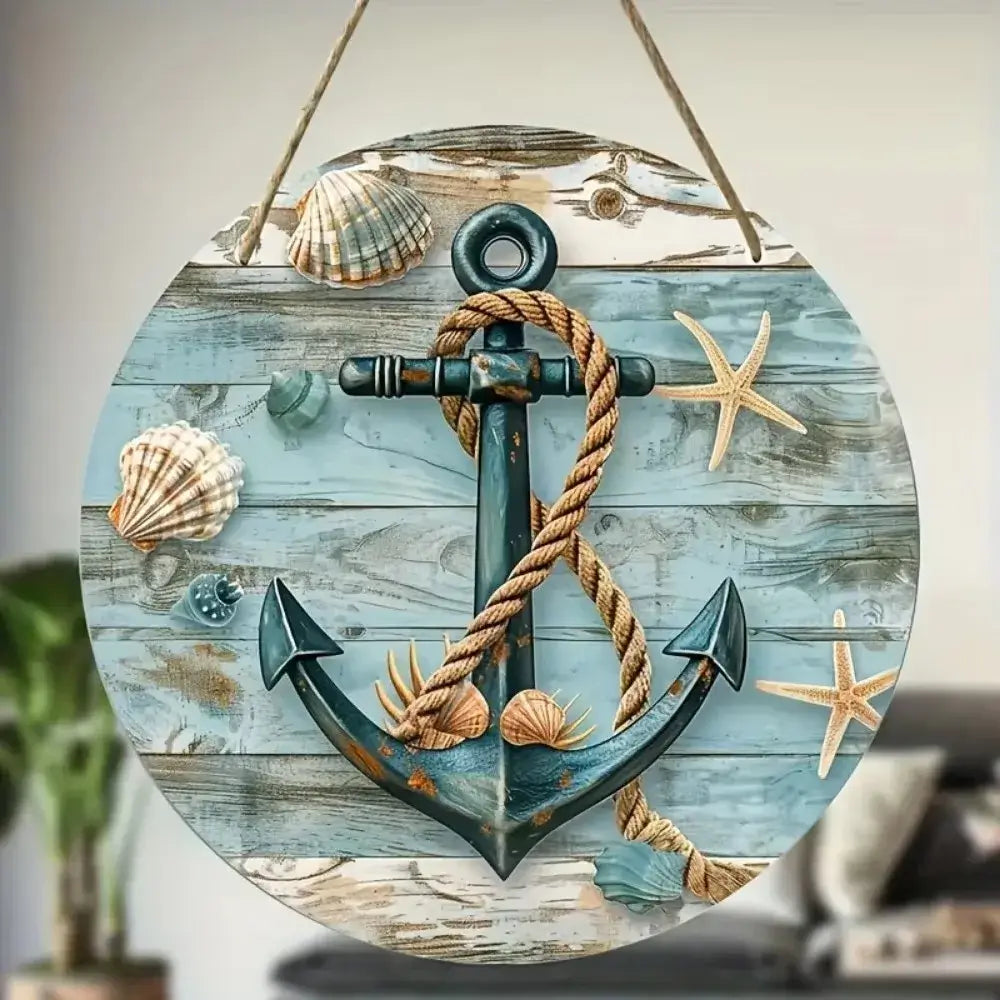 Aluminum beach decor plaque with anchor, rope, seashells, and starfish on distressed wood background. Coastal vibes for indoor or outdoor use.