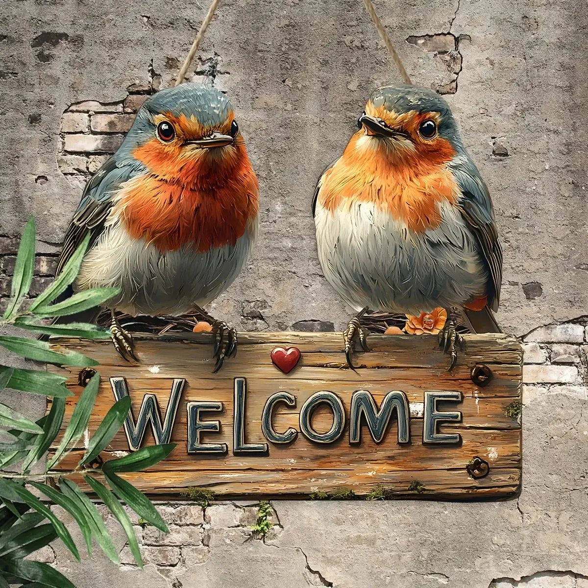 2D Woodcut Wooden Welcome Sign with two robins and a heart accent on a rustic wooden plank. Precision-cut 9.80 inch sign for charming décor.