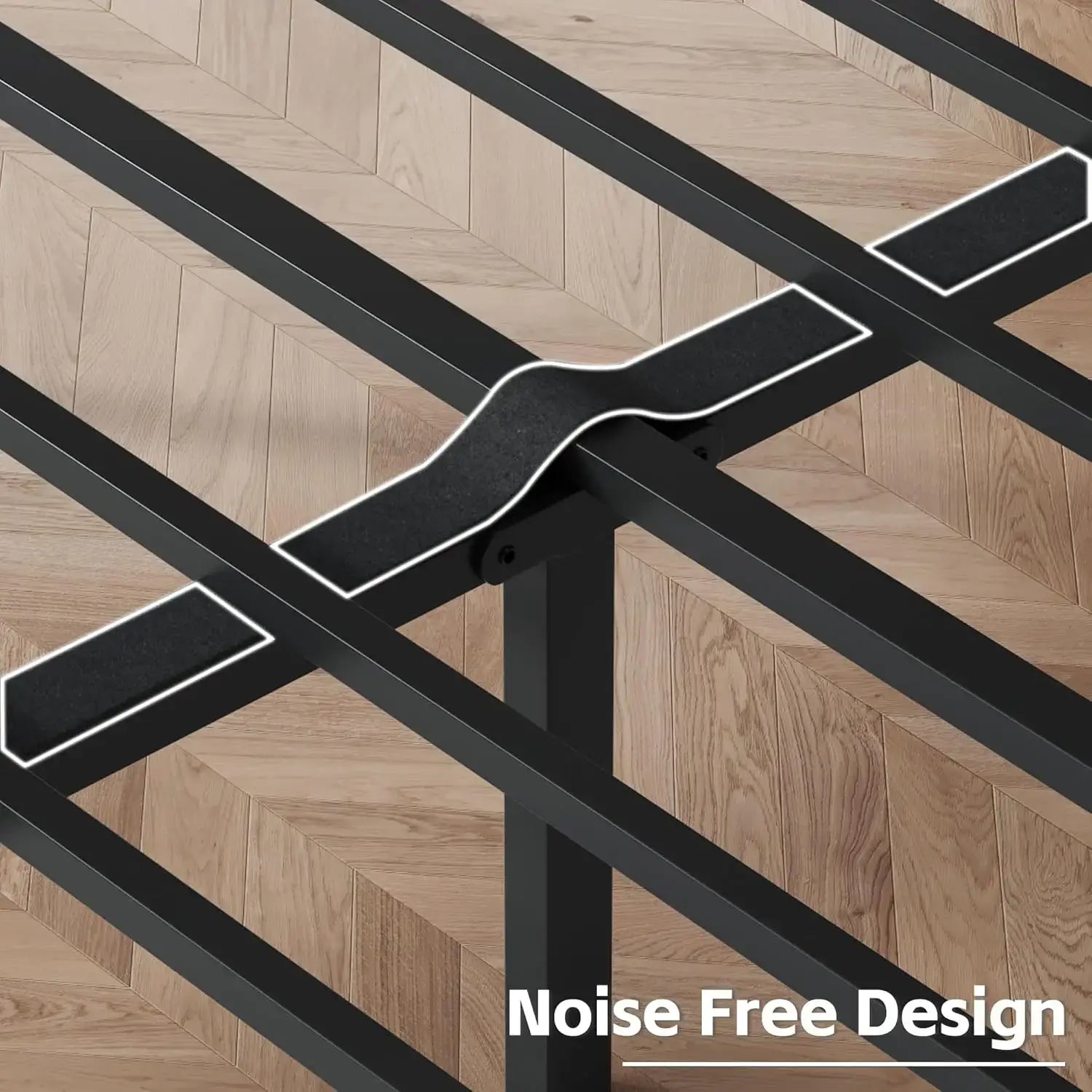 Noise-free Queen Bed Frame design with reinforced metal slats and padding to reduce squeaks and enhance sleep comfort.