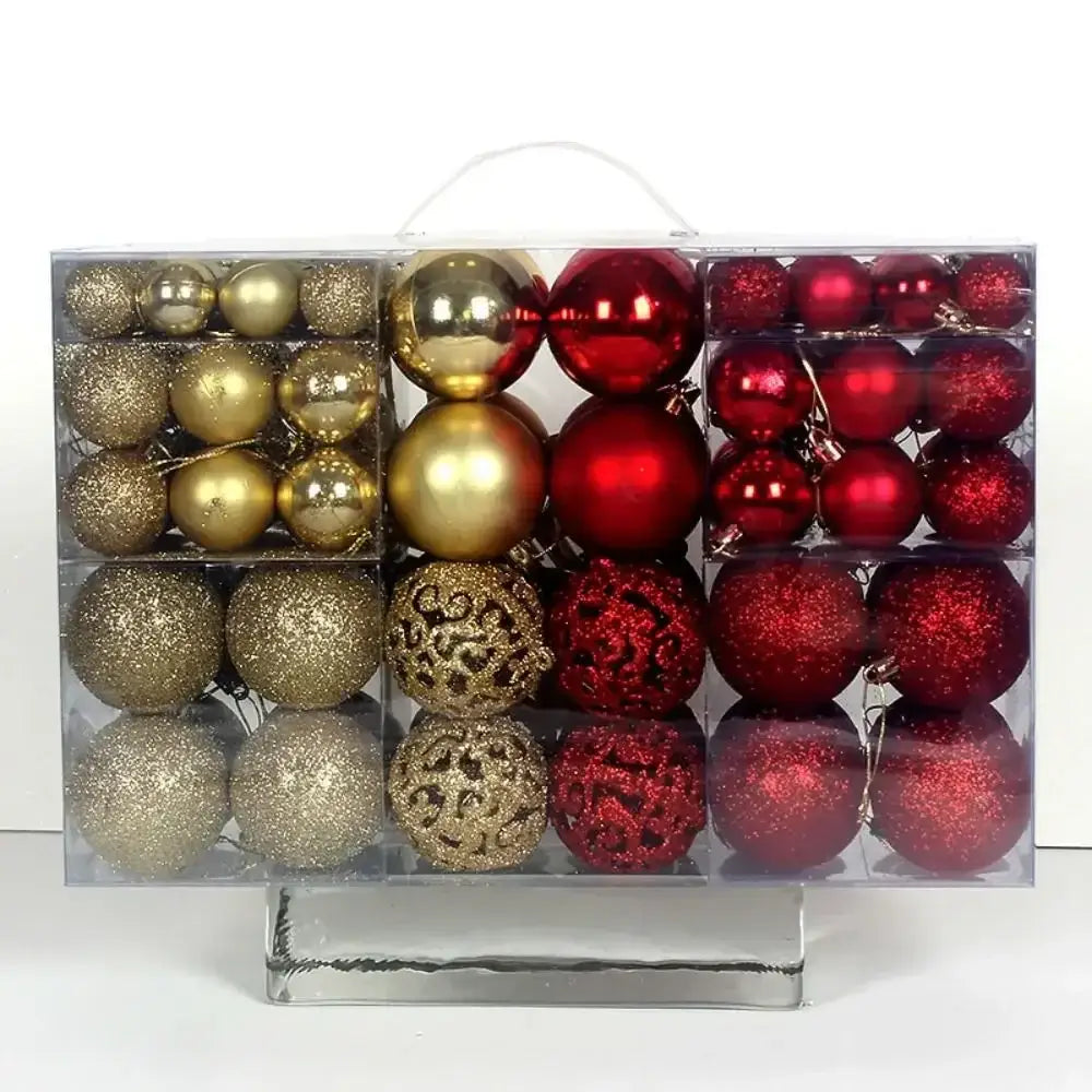 Red and gold 100PCS Plastic Christmas Ball Set with assorted finishes, ideal for traditional holiday ornament themes.