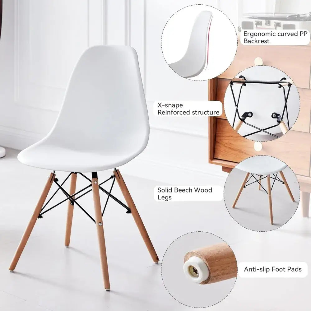 Ergonomic white chair from 5-piece round dining table set with curved backrest, solid beech wood legs, and anti-slip foot pads.