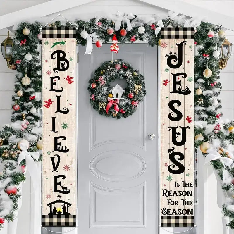 Festive Christmas Banner pair displayed on a decorated porch, ideal for outdoor holiday decor with nativity and inspirational text.