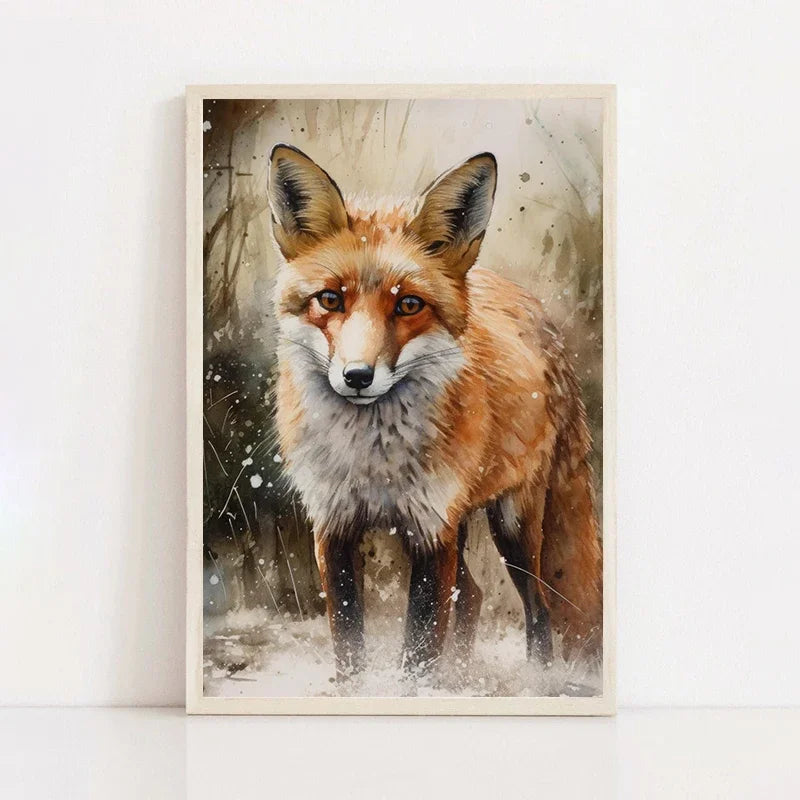 Forest Wildlife Art Poster - Watercolor Canvas Printing of a red fox in a snowy forest. A striking nature print for rustic or modern interiors.