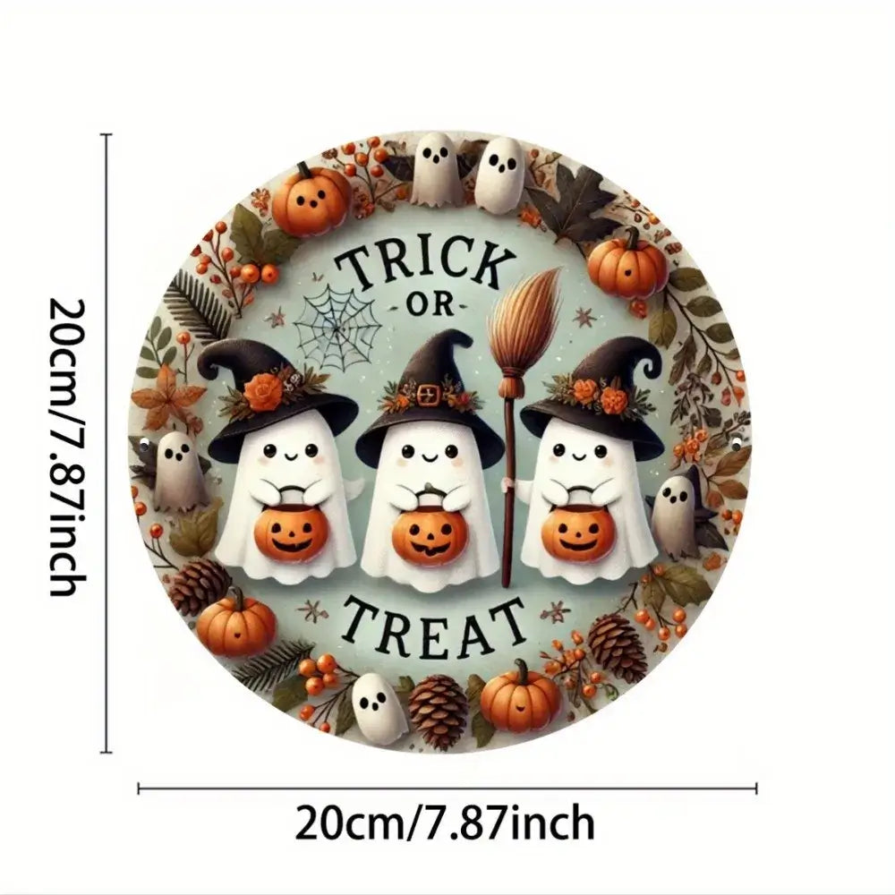 7.87-inch Trick or Treat Halloween metal sign with ghost and pumpkin artwork, ideal for home and garden decor, waterproof and easy to hang.
